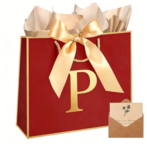 Topaliving Personalized Gift Bag with Card and Tissue Paper, 26 Letters Birthday Gift Bag 13'' Custom Valentines Weddings Present with Initials/Numbers for Women Men Kids (Red,P) - color: Red, size: P