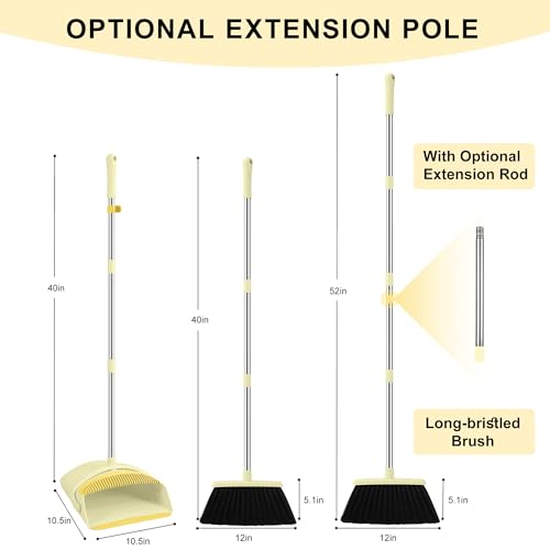 BSKLIN Broom and Dustpan Set for Home, 52" Long Handle Broom Set with Dustpan Teeth to Clean Hair Sweeping Indoor and Outdoor (Yellow) - size: Small-yellow