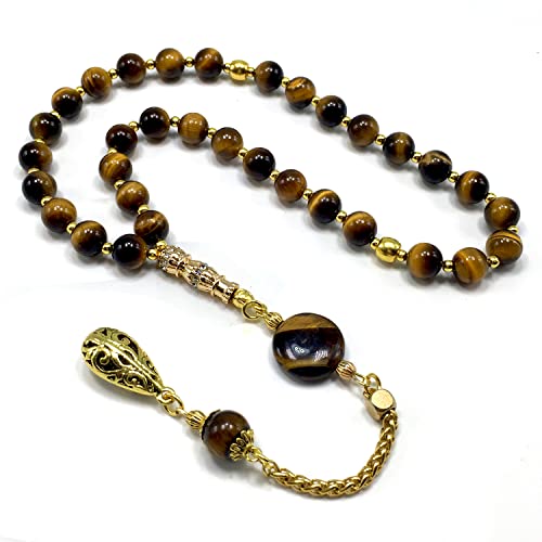 Design -Tiger Eye Stone Series Worry Beads - Prayer Beads (8 mm-33 Beads) Tesbih-Tasbih-Tasbeeh-Misbaha-Masbaha-Subha-Sebha-Sibha-Rosary (Tiger Eye Stone-Gold Tassel) - color: Tiger Eye Stone-Gold Tassel