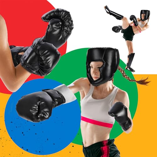 Arrowbash 5 Pcs Boxing Guards Set for Kids with Sparring Headgear, 6oz Boxing Gloves and Leg Shin Guards Wrestling Headgear for Youths Teens Boys Girls Kickboxing Karate Muay Thai BJJ Training - color: Black