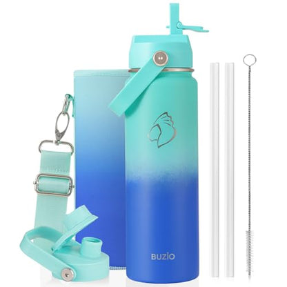 BUZIO 24 oz Insulated Water Bottle, Stainless Steel Wide Mouth Water Flask with Straw Lid, Cold for 48 Hrs Leak Proof Metal Hydro Thermo Canteen Mug, Caribbean Blue - color: Caribbean Blue, size: 24 Ounces