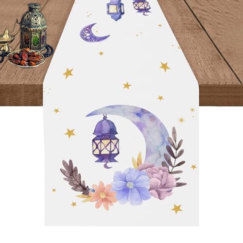 Eid Mubarak Ramadan Table Runner 13x72 Inch, Moon and Stars Flower and Gold Linen Table Runner, Ramadan Mubarak Table Runner for Dining Table, Dresser & Home Decorations - color: Star Moon Mosque Lantern Flower Ramadan Table Runner