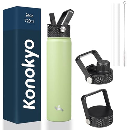 Konokyo Insulated Water Bottle 24oz Stainless Steel Sport Bottles with 3 Lids,Macaron Green - color: Macaron Green, size: 24 Ounces