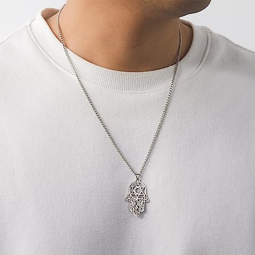 Hamsa Hand of Fatima Hexagram Necklace Star of David Evil Eye Pendant Jewish Female Protection Amulet Symbol Jewelry Women Men - color: silver