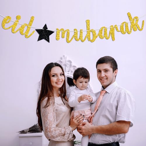 Gold Glitter Eid Mubarak Banner, 2026 Hajj Decoration, Muslim Islam Celebration Eid Party Decorations Supplies