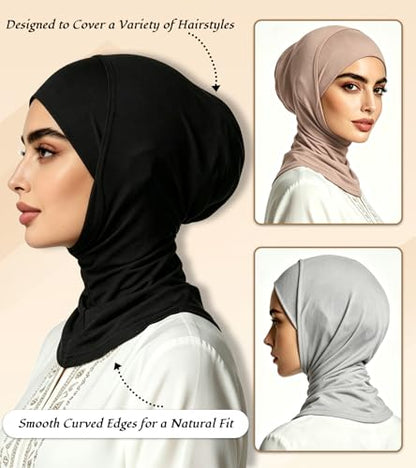 3 Pcs Modal Hijab Cap for Women, Muslim Inner Undercap Bonnet, Stretchy Turban Underscarf with Full Coverage for Daily Wear - color: Black + Light Grey + Light Khaki