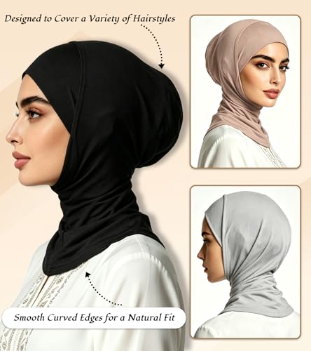 3 Pcs Modal Hijab Cap for Women, Muslim Inner Undercap Bonnet, Stretchy Turban Underscarf with Full Coverage for Daily Wear - color: Black + Light Grey + Light Khaki