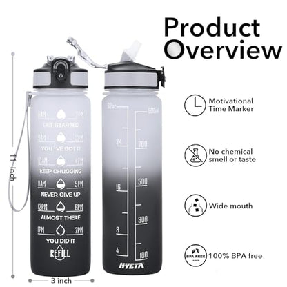 Hyeta Water Bottle with Straw & Time Marker, Plastic 32oz Leakproof | Motivational Tritan BPA Free Gym Office Outdoor Intake Tracker Hourly Reminder Straw Lid Carry Strap - color: Gray-Black