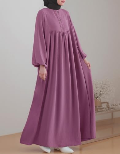 Womens Abaya Muslim Prayer 2 Pockets Long Sleeve Front Button Maxi Dresses Casual Islamic Clothes - color: Mauve, size: Small