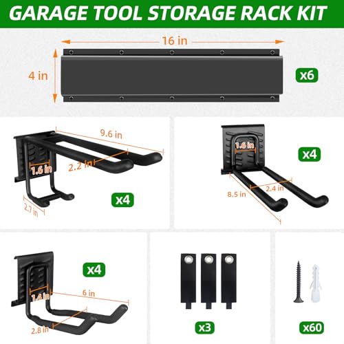 PIYILO Garage Wall Organizer, 96 in Garden Tool Organizer with 12 Adjustable Garage Hooks and 3 Storage Straps, Heavy Duty Tool Holder Wall Mount for Garden & Shed Tools - size: 96 inch 12-Hook