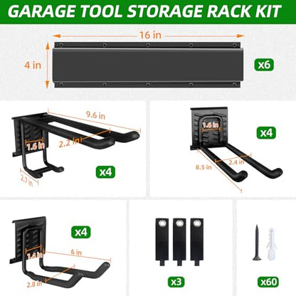 PIYILO Garage Wall Organizer, 96 in Garden Tool Organizer with 12 Adjustable Garage Hooks and 3 Storage Straps, Heavy Duty Tool Holder Wall Mount for Garden & Shed Tools - size: 96 inch 12-Hook