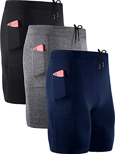 NELEUS Men's 3 Pack Running Compression Shorts with Pockets - color: 6072 Black/Grey/Navy Blue,3 Pack, size: Small