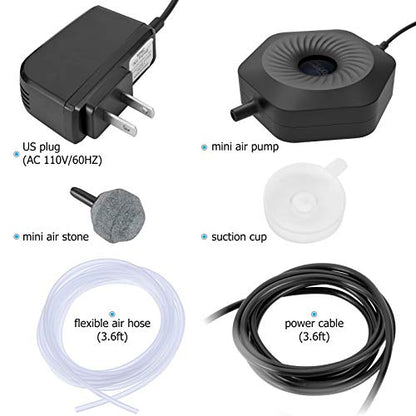 hygger Ultra Silent 1.5W Fish Bowl Aqaurium Mini Air Pump with Accessories, Oxygen Aerator Kit for Fish Tank 0.5-15 Gallon, Comes with 3/16 Inch Air Tubing, Air Stone, AC 110V/60HZ - color: Black