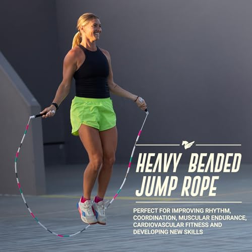 Elite Jumps Heavy Beaded Weighted Jump Rope, 6.5 oz | Heavy resistance beaded rope. Long 8-inch handles, shatterproof 2-inch beads. Adjustable 10 ft. - color: Turquoise