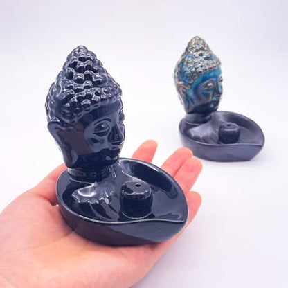 Buddha Head Incense Holder for Sticks, Small Ceramic Incense Burner Healing, Meditaiong, Zen, Timer of Spa or Yoga, with Ash Catcher (Blue) - color: Blue