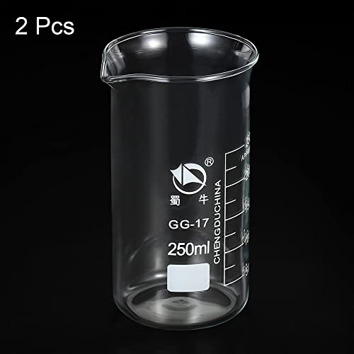 PATIKIL 250ml Tall Form Glass Beaker, 2 Pack 3.3 Borosilicate Glass Graduated Printed Scale Measuring Cups with Spout for Kitchen Lab Liquids Transit Boiling - size: 250ml