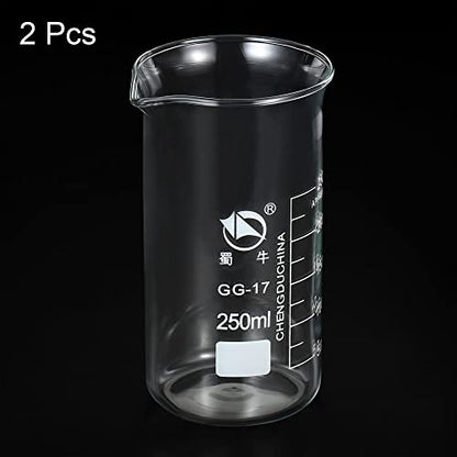 PATIKIL 250ml Tall Form Glass Beaker, 2 Pack 3.3 Borosilicate Glass Graduated Printed Scale Measuring Cups with Spout for Kitchen Lab Liquids Transit Boiling - size: 250ml