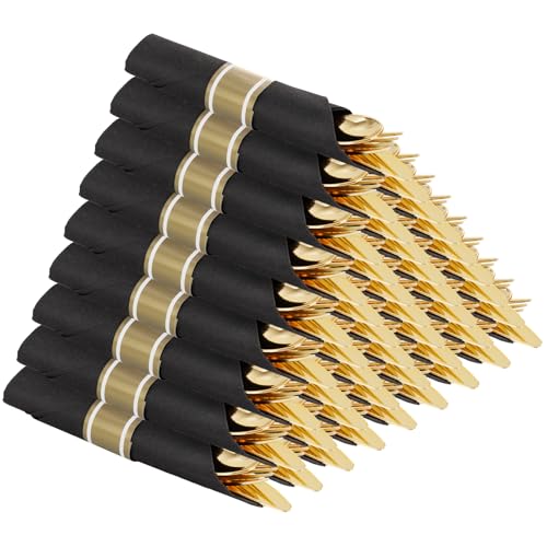 Supernal 30 Pack Pre Rolled Gold Plastic Silverware Set with Napkins, Wrapped Plastic Cutlery Set, Disposable Utensils Includes 30 Forks, 30 Knives, 30 Spoons, 30 Napkins for Party, Wedding - color: Black and Gold, size: 30 Pack