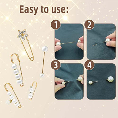 5 Pieces Pearl Brooch Safety Pins for Clothes Safety Pin for Women Fashion Sweater Shawl Collar Dresses Cardigan Clips Faux Crystal Pearl Brooches Set for Girls Jewelry Decoration Accessories (Gold)