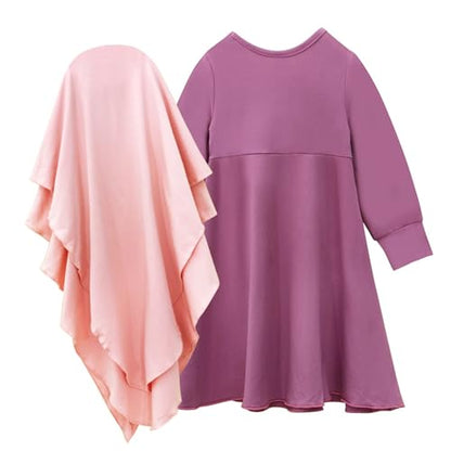 Muslim Dress for Girl Abaya Kaftan Kids Islamic Prayer Clothes Long Sleeve Dress Dubai 2026 Ramadan Hijab Sets - color: Pink, size: 9-10 Years