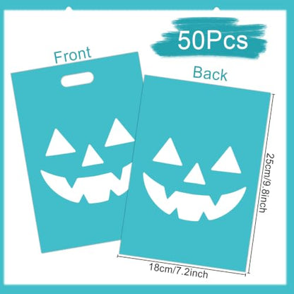 Falueqg Halloween Teal Pumpkin Favors Bags - 50 Pcs Halloween Trick or Treat Goodie Bags with New Teal Pumpkin Design, Party Supplies Plastic Gifts Pouches for Family Gathering Celebration - color: Halloween Teal Pumpkin