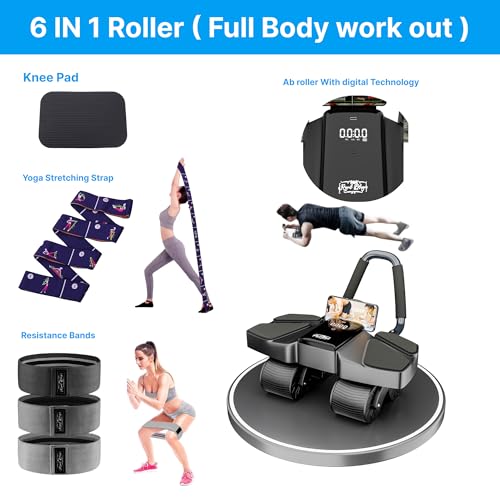 Ab Roller Home Gym Equipment – 4 Wheels Ab Wheel Muscle Roller with Automatic Rebound, Yoga Stretching Strap, 3 Resistance Bands – Comfortable Elbow Support with Non-Slip Handles – Built-in Workout Tracker - color: Black New + 3 Bands + 1 Strap