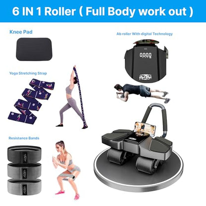 Ab Roller Home Gym Equipment – 4 Wheels Ab Wheel Muscle Roller with Automatic Rebound, Yoga Stretching Strap, 3 Resistance Bands – Comfortable Elbow Support with Non-Slip Handles – Built-in Workout Tracker - color: Black New + 3 Bands + 1 Strap