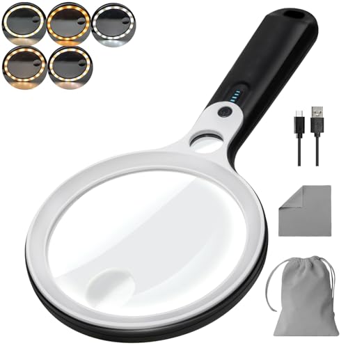 10X 20X 45X Magnifying Glass with 48 LED Light | Handheld Illuminated Lighted Magnifier with 5 Light Modes Rechargeable Magnifying Glass for Seniors Reading Inspection - color: Black Handle