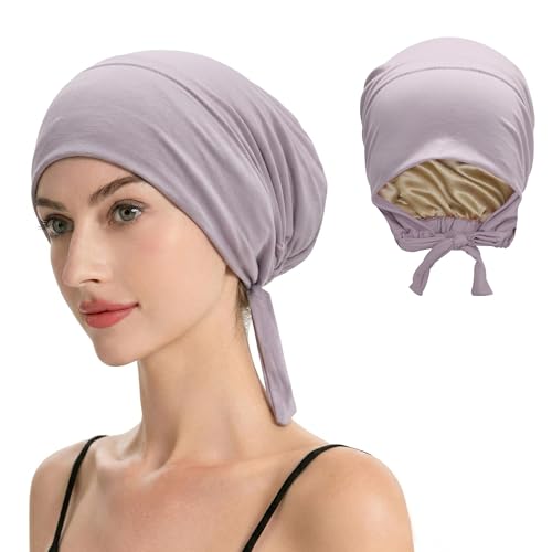 ZLYC Satin Lined Hijab Cap for Women Tie Back Undercap Underscarf Hat - color: Solid Purple White