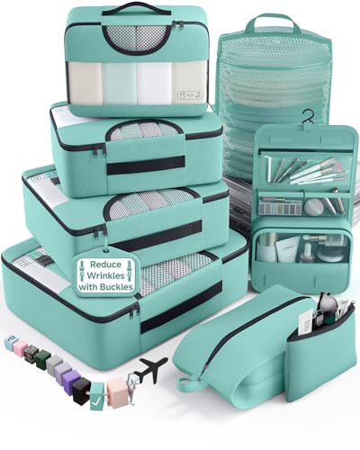 Veken 8 Set Packing Cubes for Travel Essentials, Suitcase Organizer Bags in 4 Sizes, Carry-On Luggage Accessories with Laundry Bag, Airplane Must Have with 99-Count Mesh Holes - color: 08 Light Teal