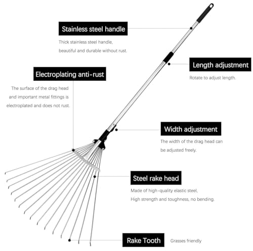 Buyplus Adjustable Garden Leaf Rake - 24 to 63 Inch Telescopic Metal Expandable Folding Leaves Rake, Metal Rake for Leaves, Yard Rakes for Lawn Yard, Flowers Beds, Black - color: Black