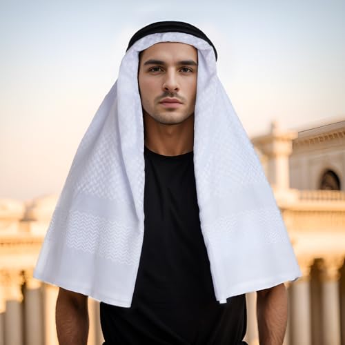 Jmkcoz Arab Shemagh Tactical Desert Keffiyeh Head Scarf Arabic Turban Neck Headwear Wrap Arab Muslim Costume for Men Women - color: White