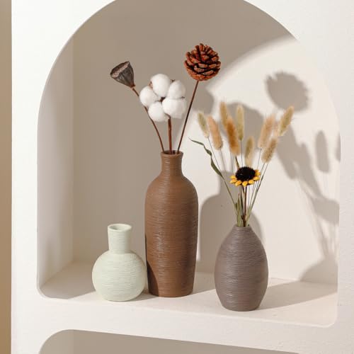 Ceramic Vases Set of 3 Modern Rustic Farmhouse Home Decor | Pottery Decorative Flower Vases for Pampas Grass Dried Fresh Flowers, Living Room, Table Centerpiece, Shelf, Mantel