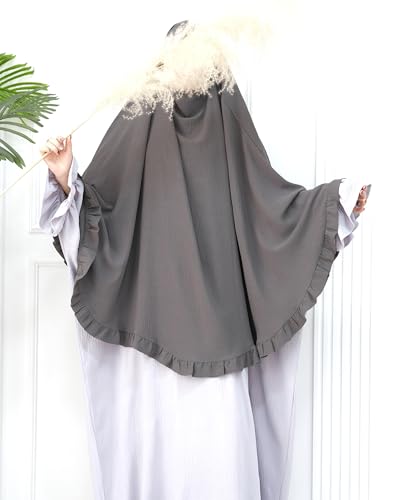 Muslim Prayer Hijab Solid Color Ruffled Head Scarf Women Islamic Head Cover Khimar - color: Dark Grey