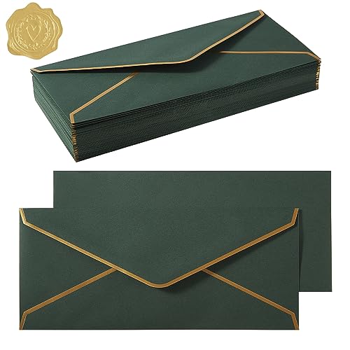 100 Pack #10 Business Envelopes with Gold Stickers, Dark Green | Self Seal Standard Envelopes with Gold Border, 4 1/8 x 9 1/2 Inches, For Office, Checks, Letter Mailing, Invoices - color: Dark Green
