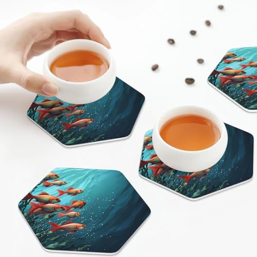 Drink Coasters Set of 4 Leather Coasters for Drinks Fish Aquarium Round Cup Mat Pad Easy Clean Bar Coasters Heat Resistant Funny Cup Coasters for Tabletop Protection,4 Inches - color: Hexagon