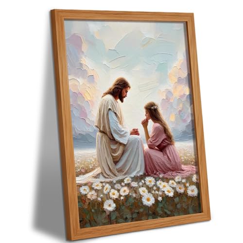 AUUAUU Jesus and Girl Prayer Wall Art 12x16 Inches Wooden Framed Painting - color: Wooden Framed Jesus and girl, size: 16"L x 12"W