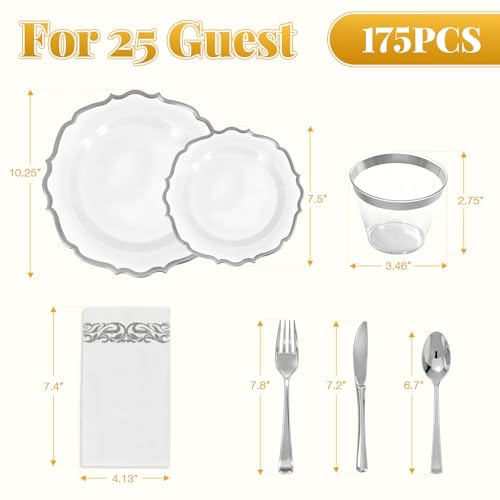 Glowserve 175 Piece Disposable Plastic Plates Dinnerware Set for 25 Guests - color: Silver