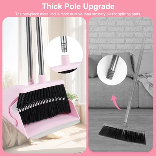 BSKLIN Broom and Dustpan Set for Home, 52” Long Handle Broom with Dustpan Combo Set with Dust Pan Teeth to Clean Hair Sweeping Set for Kitchen Hardwood Floors Pet Hair (Pink) - size: pink