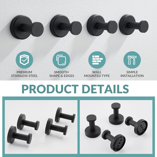 APLusee Matte Black Bath Robe Towel Hook 4 Pack, Stainless Steel Bathroom Coat Hook, Wall Mount - color: Matte Black, size: 4 Pack