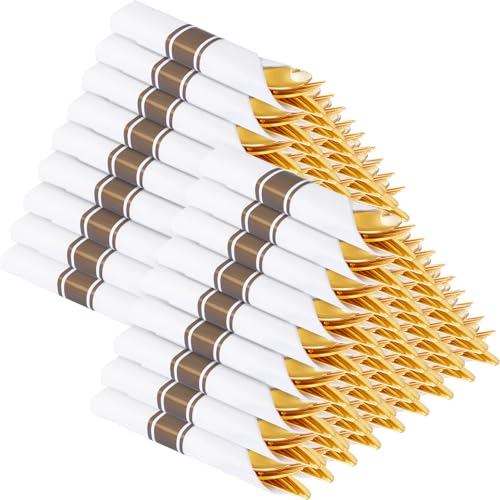Supernal 100 Pack Gold Plastic Silverware with Napkins Wrapped - color: Gold, size: 100 Pack