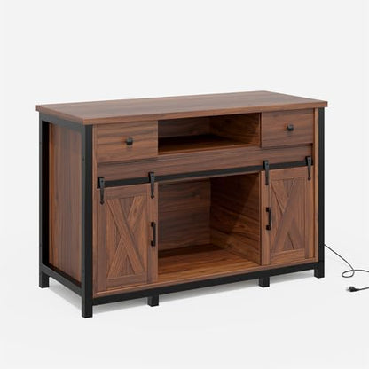 Farmhouse Fish Tank Stand w/Power Outlet – Heavy Duty Aquarium Cabinet, 800 lb Capacity, Adjustable Storage, Thickened MDF & Steel Frame, Sliding Barn Doors, (Light Brown, 75-120 Gallon)