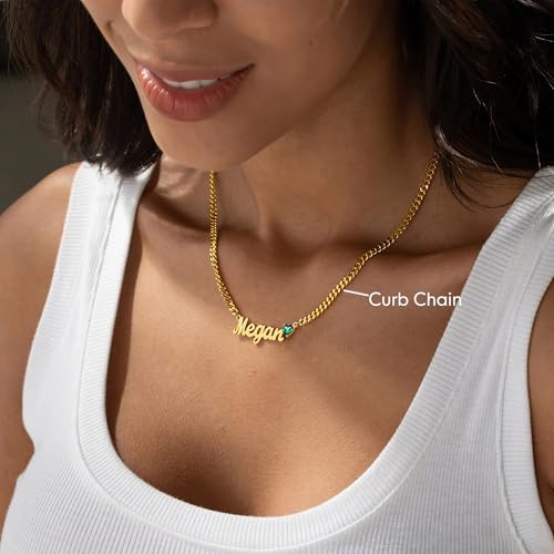 DayOfShe Name Necklace Personalized for Women, 18K Gold Plated Cuban Chain Necklaces Customized with Name as Christmas Girlfriend Gift - color: Heart Birthstone