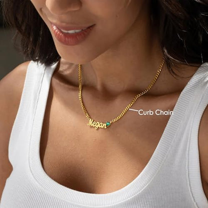 DayOfShe Name Necklace Personalized for Women, 18K Gold Plated Cuban Chain Necklaces Customized with Name as Christmas Girlfriend Gift - color: Heart Birthstone