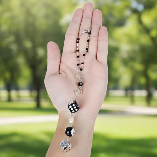 Dice Star Car Charm - Silver Black 8 Ball with Beads Rear View Mirror Charms Cars Accessories, Interior Y2K Aesthetic Hanging Ornament Pendant for Women Men - style: Dice