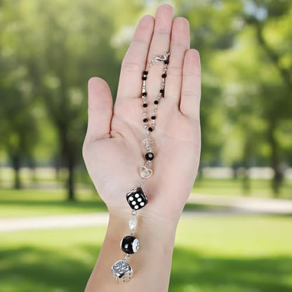 Dice Star Car Charm - Silver Black 8 Ball with Beads Rear View Mirror Charms Cars Accessories, Interior Y2K Aesthetic Hanging Ornament Pendant for Women Men - style: Dice