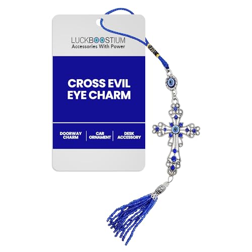 LUCKBOOSTIUM Cross Evil Eye Car Charm, Rearview Mirror Hanging Ornament - color: Cross With Bead Tassel