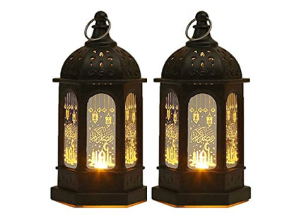 2 Pieces Ramadan Lantern Decoration, Ramadan Candle Lantern, LED Eid Mubarak Lamp, Ramadan Lantern Decor, Hanging Ramadan Lamp, for Home Tabletop Decor Creative Party Supplies (Black)