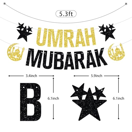 Umrah Mubarak Banner-Eid Mubarak Festival Party Hanging Decorations, Ramadan Kareem/Happy Eid, Hajj Mubarak Umrah Mubarak Islamic Party Supplies Gold and Black Glitter