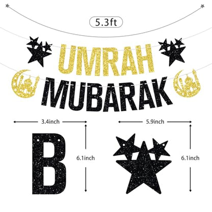 Umrah Mubarak Banner-Eid Mubarak Festival Party Hanging Decorations, Ramadan Kareem/Happy Eid, Hajj Mubarak Umrah Mubarak Islamic Party Supplies Gold and Black Glitter